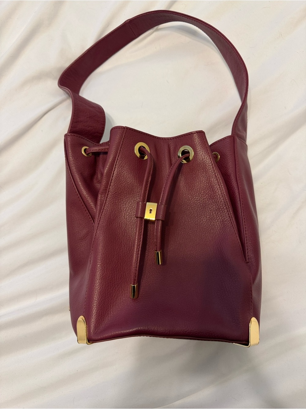 Vince Camuto Burgundy Leather Drawstring Shoulder Bag with Gold Hardware
